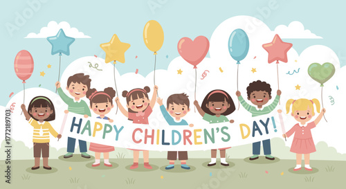 A children’s book illustration of happy children holding balloons and banners for Children’s Day.