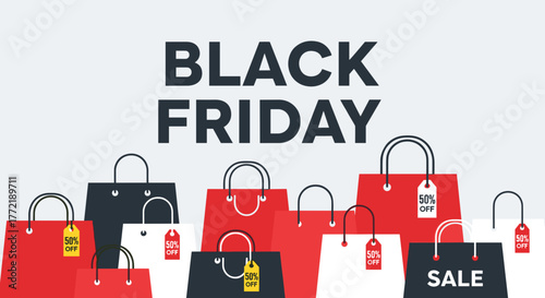 A flat modern vector illustration of a Black Friday sign with bold letters, shopping bags, and sale tags.