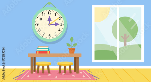 A children’s book illustration of a wall clock in a colorful room setting. Soft pastel tones, simple shapes, and a friendly, educational atmosphere.