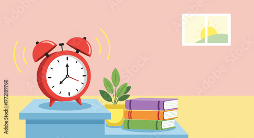 A children’s book illustration of a ringing alarm clock on a bedside table. Soft pastel tones, simple shapes, and a cheerful morning atmosphere.