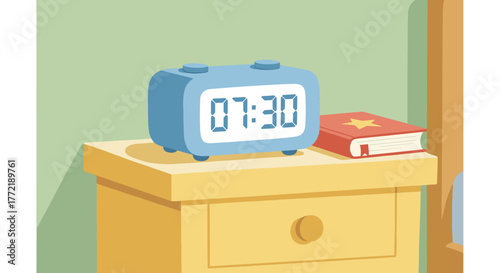 A children’s book illustration of a digital clock showing time on a bedside table.