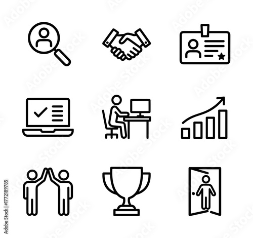 Vector monochrome employee life cycle line icon set