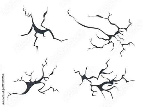 Ruined breaked land surface, cracked egg, glass, wall, fissures in ground top view