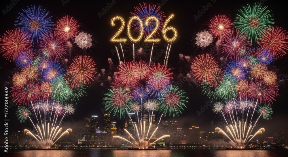 Obraz premium Spectacular 2026 new year s eve fireworks display over city skyline