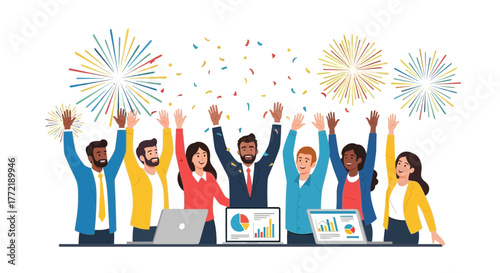 Diverse Team Celebrating Success With Fireworks And Joyful Moments Of Victory