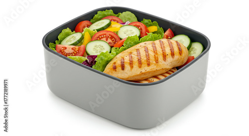 Healthy and Fresh Grilled Chicken Salad in a Stylish Lunchbox, Ready for a Nutritious On-the-Go Meal – Perfect for a Balanced Diet and Active Lifestyle Choices