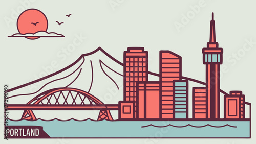 Portlands skyline portrays a stunning bridge, mountain, and rising sun. Perfect for promoting tourism, city life, or urban development projects.