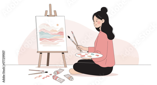 Woman Painting a Landscape on an Easel in a Relaxed and Peaceful Setting
