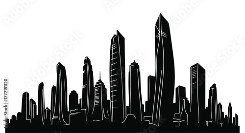 Modern cityscape silhouette with diverse skyscrapers against a white background.