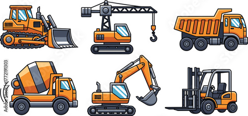 Cartoon Construction Vehicles Set Featuring Bulldozer, Crane, Dump Truck, Cement Mixer, Excavator, Forklift – Heavy Equipment Vector Illustration for Kids
