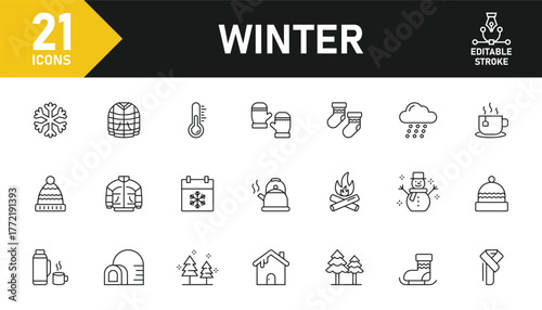 Winter line icon set. Set of 21 outline icons related to winter, jackets, warm clothes, Christmas, snow, new year, hot drink, cold and others. Editable stroke. Vector illustration.