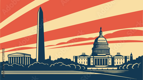 Washington dc skyline features the capitol building monument, ideal for travel brochures, patriotic designs, and educational materials.