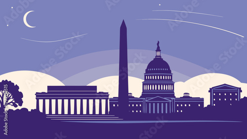 Washington dc skyline silhouettes against the inky night sky. Perfect for travel blogs, city guides, or patrioticthemed designs.