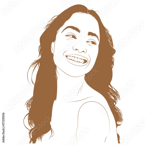 A monochromatic line art illustration depicts a smiling young woman with long, flowing hair and a genuine, upward gaze, capturing a moment of joyful expression.