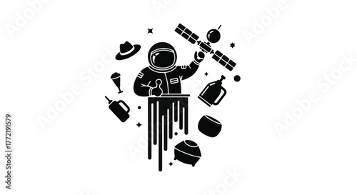 Astronaut surrounded by objects in space, exploring the universe with curiosity