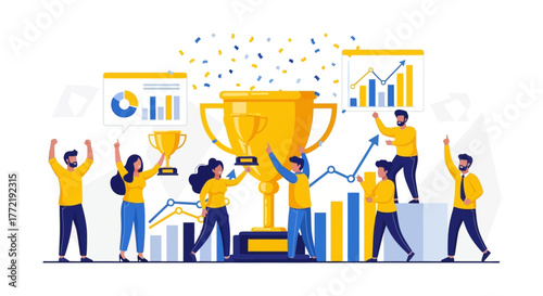 Triumphant Team Celebrating Success With Golden Trophy and Business Growth Charts Animation