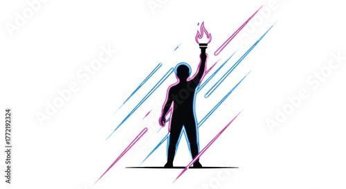 Silhouette of a person holding a flaming torch aloft against a backdrop of abstract light streaks.