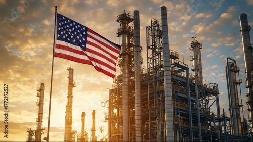 Flag waving in front of an industrial complex during sunset in the United States