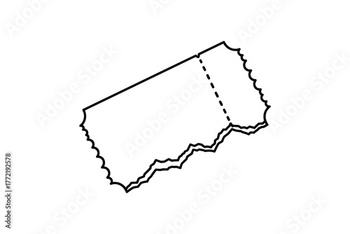 Minimalist black outline drawing of torn raffle ticket or admission stub with perforated line