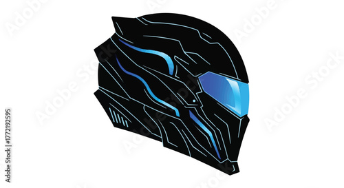 Futuristic black helmet with glowing blue accents, evoking science fiction and technology.