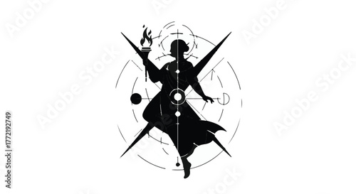 Mystical silhouette of a figure holding a torch within an arcane geometric design, symbolizing enlightenment.