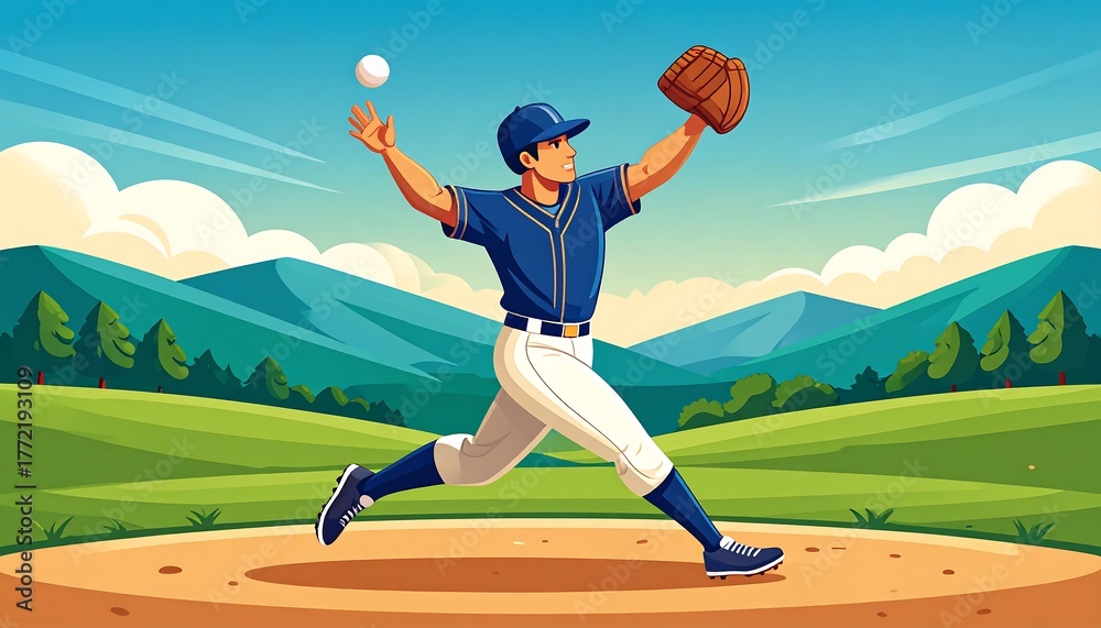 Obraz premium Illustration of a baseball player pitching the ball, on a field with mountains in the background under a blue sky