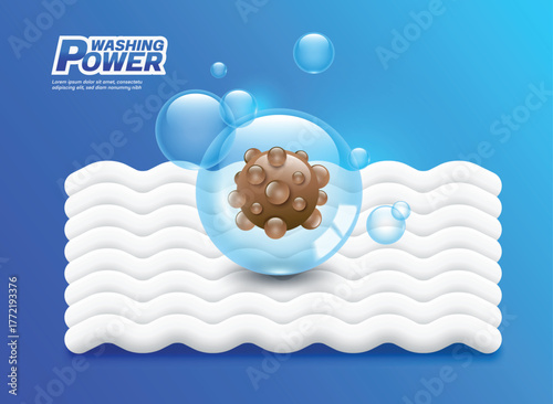 Bubbles in the bleach or detergent are trapping germs or stains or are removing dirt from the fabric fibers, vector 3d illustration on blue background for banner advertising design