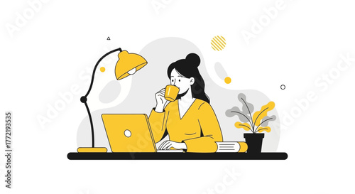 Woman Drinking Coffee While Working on Her Laptop at Her Desk in a Home Office