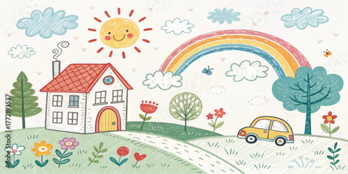 Whimsical hand-drawn doodle seamless pattern with house, rainbow, rocket, flowers, clouds, sun, trees, stars, and car. Cute colorful kids sketch background for fabric, wallpaper, or stationery.