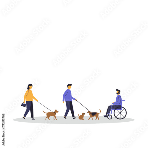 Inclusive 2D flat vector illustration: person using crutches walking a dog on a scenic boardwalk. Minimalist pastel design for accessibility themes.