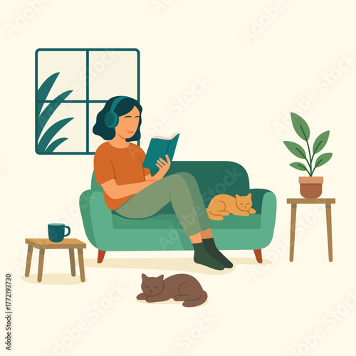 Peaceful introvert woman reading book with cats at home