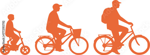Silhouettes of Cyclists: Child, City Dweller, Tourist. Web design for sections related to different riding styles or age groups.