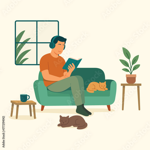 Peaceful introvert man reading book with cats at home