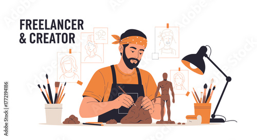 Artisan Creating Sculpture And Portraits On White Background Illustrated Freelance Craft