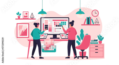 Creative Office Collaboration Showing Designers Working At Their Desks and a Big Screen