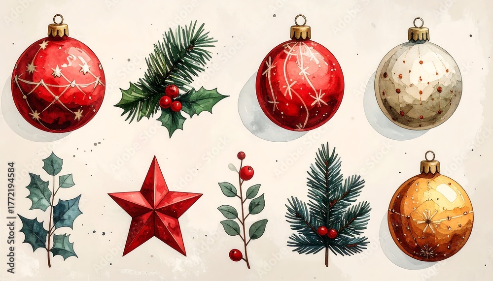 Fototapeta premium Watercolor ornaments, star, and foliage arrangement on a neutral background