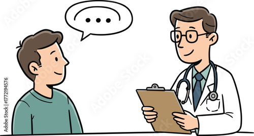 Cartoon doctor talking with patient illustration, medical consultation vector design showing healthcare communication, professional advice, hospital appointment, and health check.