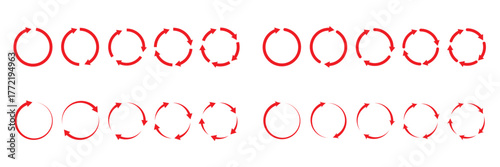 Circle arrows icon set. different circular arrows of white background. Red color, different thickness. Recycle icon set, refresh, repeat, Vector illustration. Stock image. design. EPS 10.