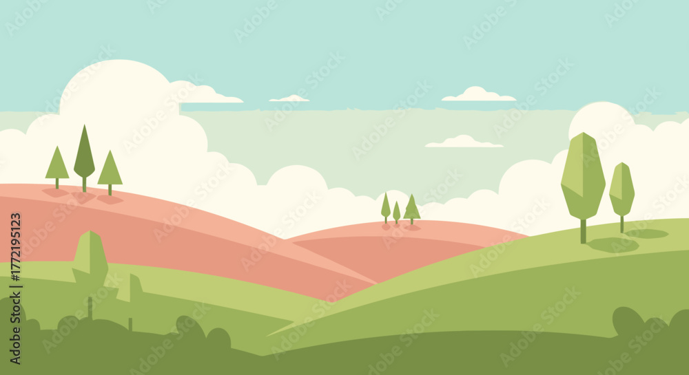 Fototapeta premium Cartoon Landscape with Hills and Trees Illustration, Pastoral Countryside Scene Graphic