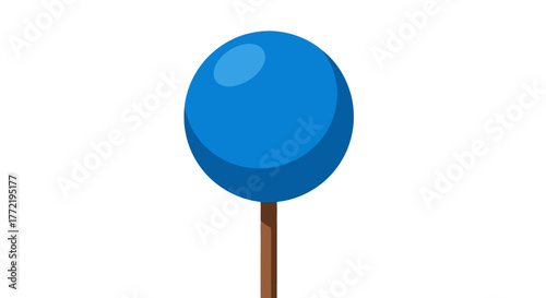 A simple illustration of a blue round lollipop with a brown stick on a white background