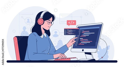 Woman Working on a Code Application and Software Using a Computer and Headphones