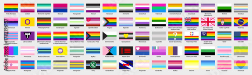 Collection of LGBTQ+ pride flags. Different pride flag meanings icon set vector. Pride flags with names graphic design elements. Vector illustration.