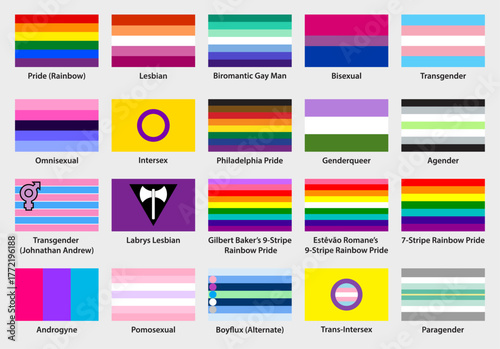 Vibrant collection of LGBTQ+ community flags including Pride, Lesbian, Transgender, Bisexual, Intersex, and more. Perfect for equality campaigns, posters, education, and diversity awareness projects.