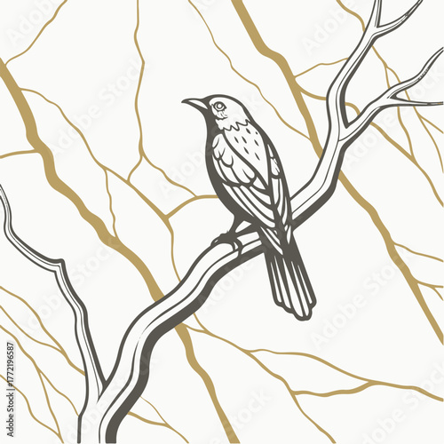 Elegant Bird on Branch Line Art – Minimalist Nature Illustration with Abstract Tree Design
