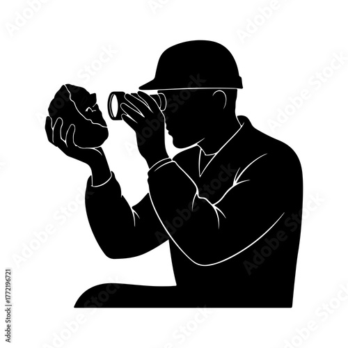 Geologist examining rock sample with transparent background