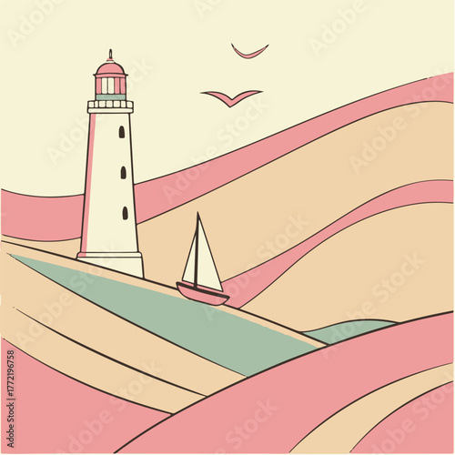 Minimal Lighthouse and Sailboat Landscape – Pastel Sea Waves Vector Illustration with Birds in Sky