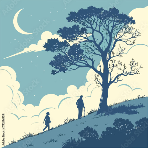 Night Landscape with Tree and Silhouettes – Moonlight Sky Vector Illustration of Nature and People