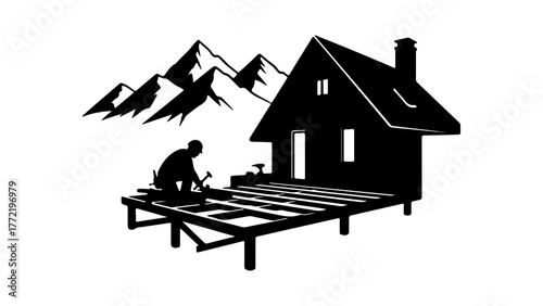 Cabin construction with mountains and transparent background