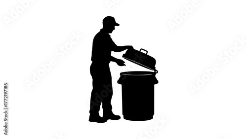 Garbage collector emptying trash can with transparent background