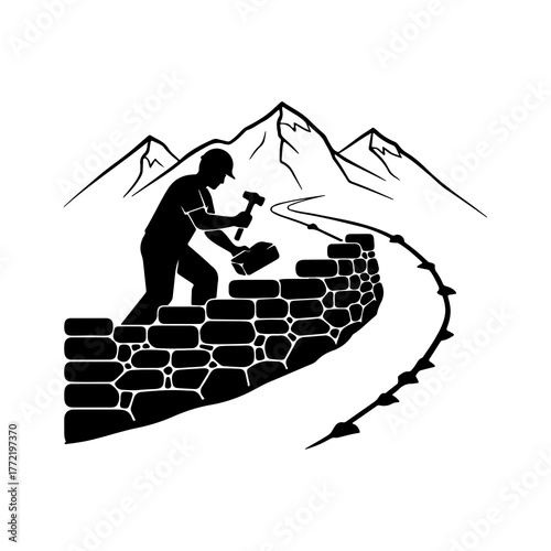 Ancient stoneworker building wall with transparent background